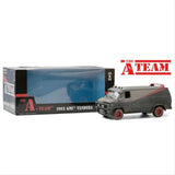 GreenLight The A-Team 1983 GMC Vandura Weathered displayed beside its 1:24 scale retail box