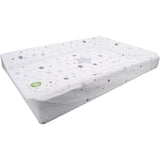 Grey stars baby changing mat shown from angled side view with raised padded edges, contoured shape and white surface with grey star print