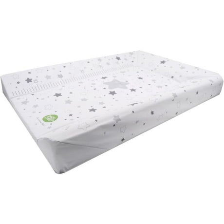 Grey stars baby changing mat shown from angled side view with raised padded edges, contoured shape and white surface with grey star print
