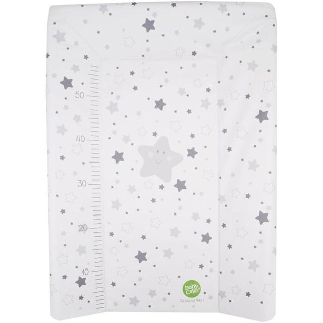 Grey stars baby changing mat with raised padded sides and central flat area, white surface with grey star pattern and Babycalin logo visible at the base