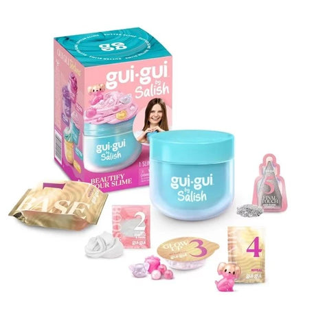 Gui Gui by Salish Beautify Your Slime Kit contents laid out including teal jar, booster sachet, charms, mini figurine, sparkle sachet and box