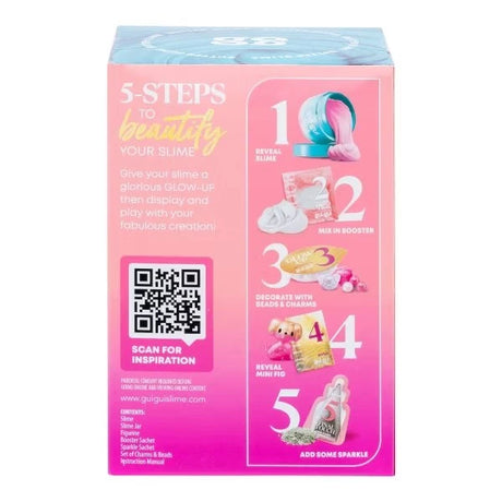 Gui Gui by Salish Beautify Your Slime Kit back of box showing 5 step instructions to reveal, mix, decorate, reveal figurine and add sparkle