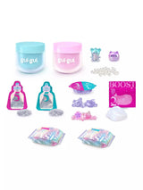 Gui Gui Deluxe Twin Pack complete contents laid flat showing teal and pink jars, two teal and purple mini figurines, pearl beads, two sparkle sachets with glitter, glow up charm tray with cat and bat figures, booster sachet, booster slime blob and two iridescent base sachets