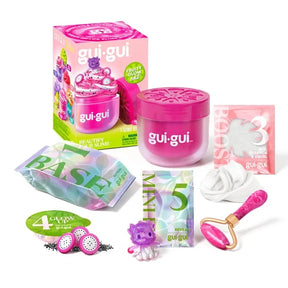 Gui Gui S2 Fruity Glow Single Pack contents with box, slime tub, deco packs, tool and purple figure