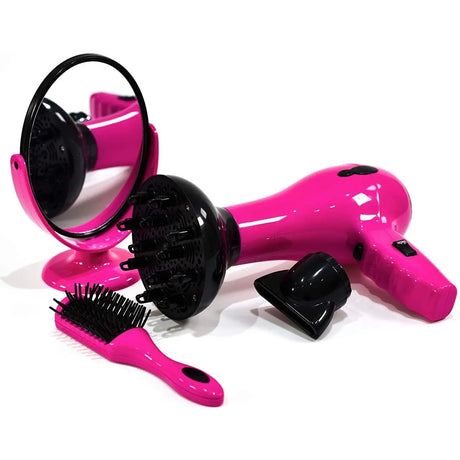 Close-up of pink toy hairdryer set accessories including hairdryer with diffuser attached, round standing mirror, paddle brush, and concentrator nozzle
