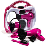 Pink toy hairdryer set with clear carry case, hairdryer, diffuser, concentrator, brush, and round mirror arranged in front of the case