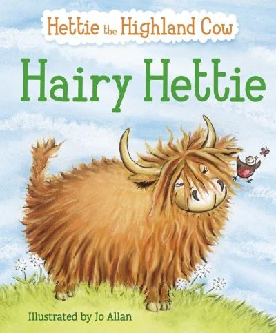 Front book cover angle of Hairy Hettie picture book with Hettie the Highland cow illustrated in warm brown tones