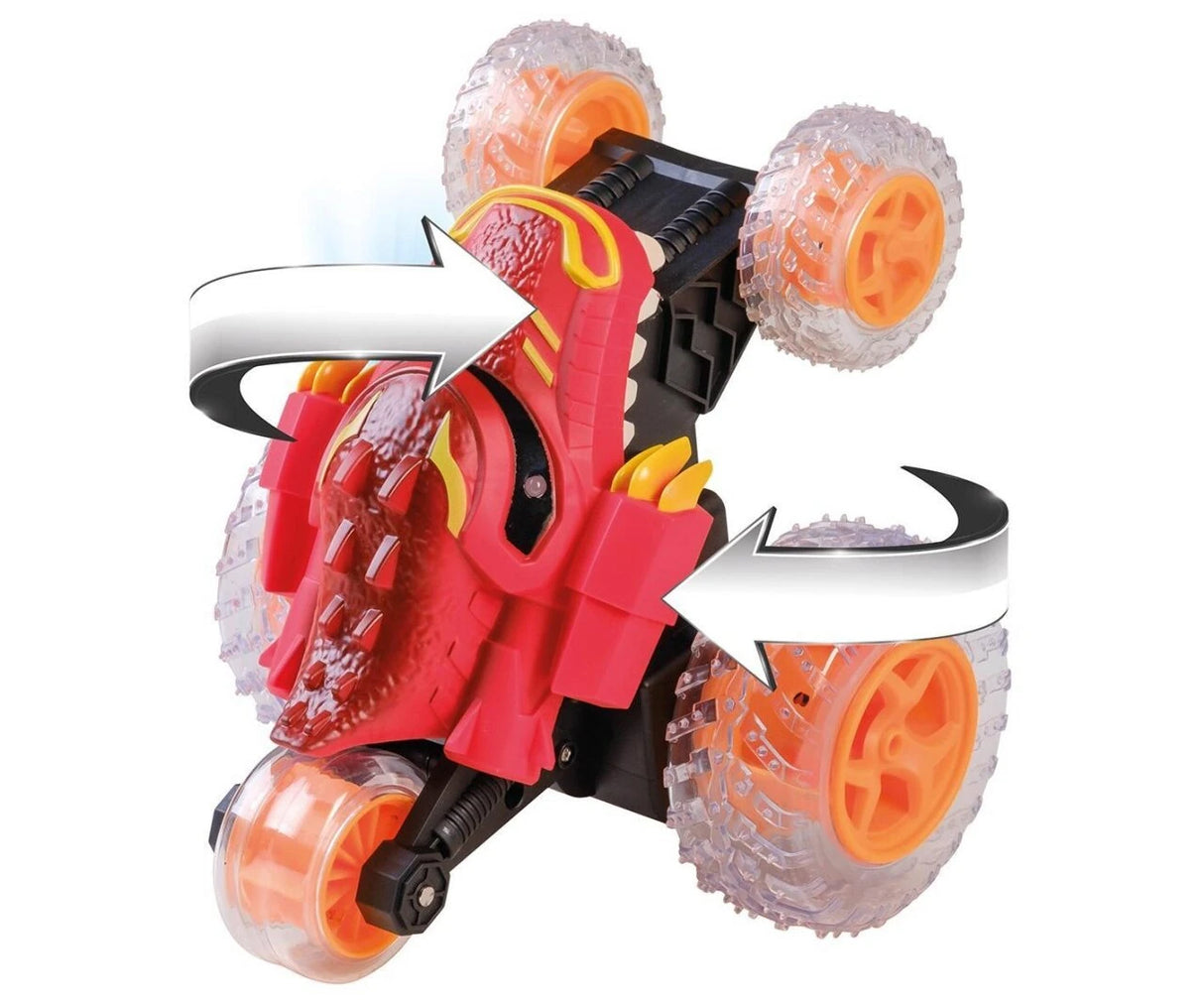 Happy People RC Dragon Tumbler upright with orange wheels and stunt arrows