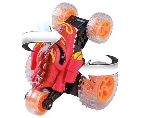 Happy People RC Dragon Tumbler upright with orange wheels and stunt arrows