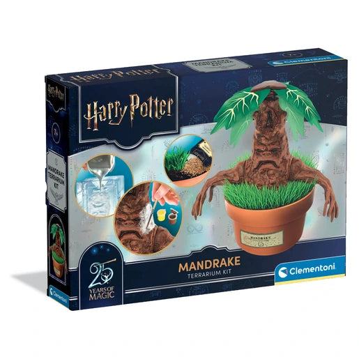 Harry Potter Mandrake Terrarium Kit retail box showing the finished Mandrake figure in a brown plant pot with green grass, large leaves, plaster casting and painting illustrations, and Clementoni branding.