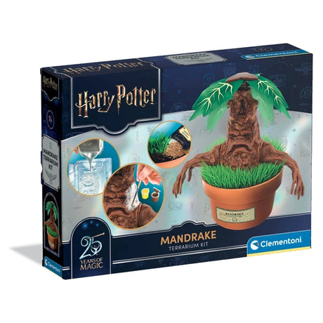 Harry Potter Mandrake Terrarium Kit retail box showing the finished Mandrake figure in a brown plant pot with green grass, large leaves, plaster casting and painting illustrations, and Clementoni branding.
