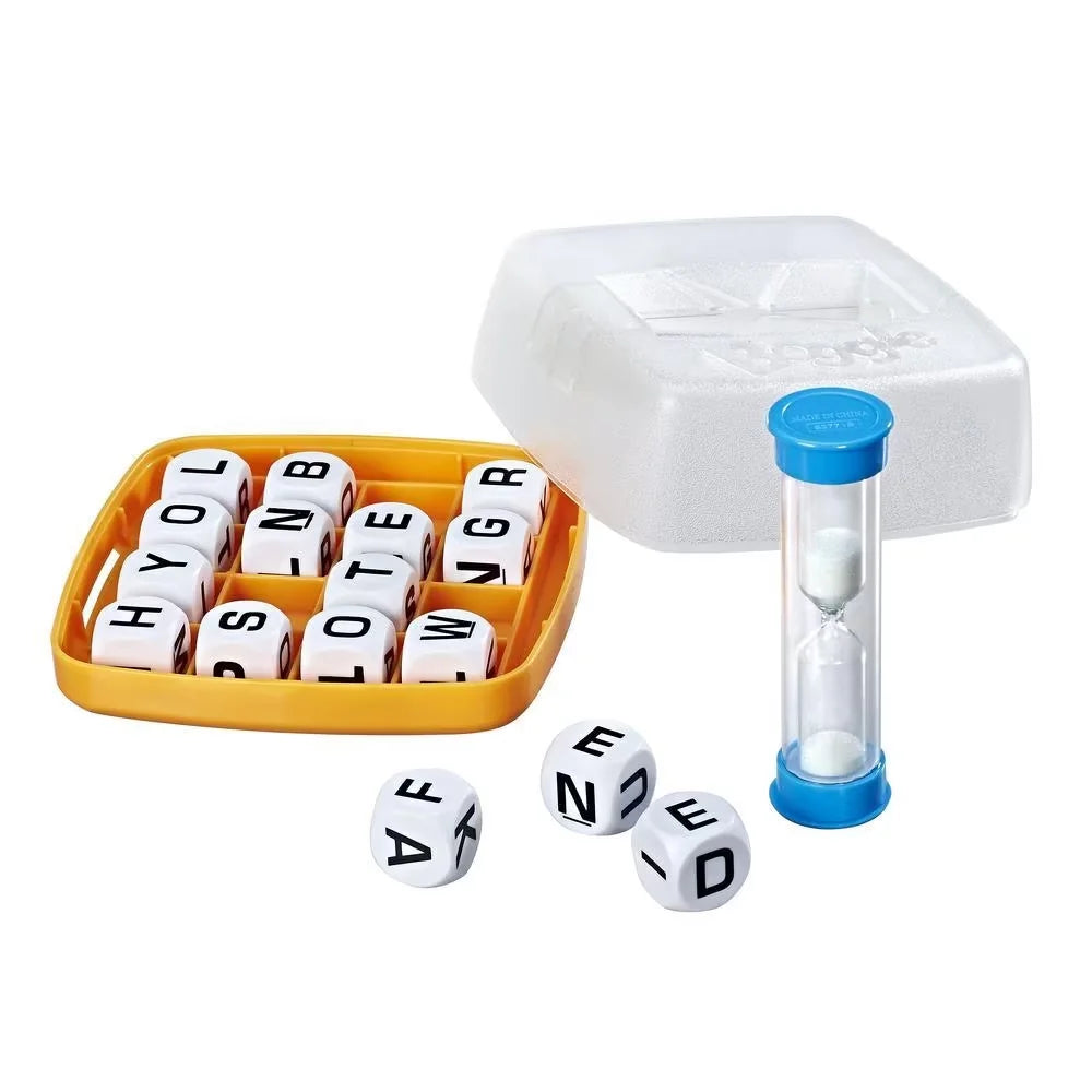 Open Hasbro Boggle Word Game showing cubes and timer – Ireland