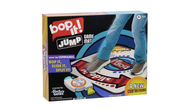 Hasbro Bop It! Jump Game Mat retail box showing a player using the mat