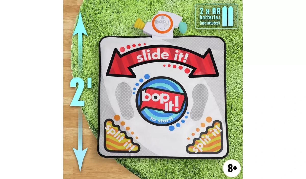 Hasbro Bop It! Jump Game Mat shown with 2 foot height graphic and battery information