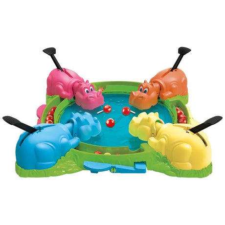 Close-up of hippos and red marbles during Hungry Hungry Hippos gameplay – Ireland