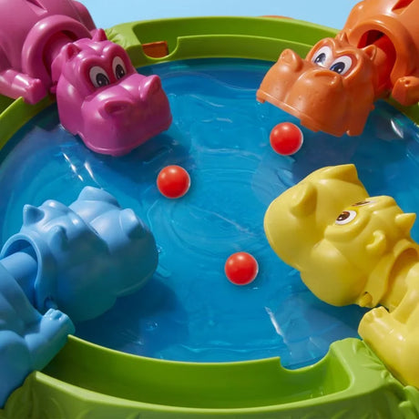 Setup view of Hungry Hungry Hippos game showing all four hippos and marbles – Ireland