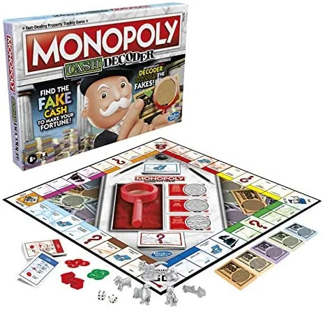 Monopoly Cash Decoder game board set up with tokens, money and decoder – Ireland