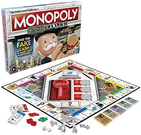 Monopoly Cash Decoder game board set up with tokens, money and decoder – Ireland