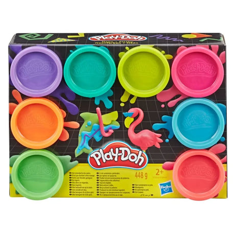 Slight angle view of Play-Doh Neon packaging showing eight tubs – Ireland