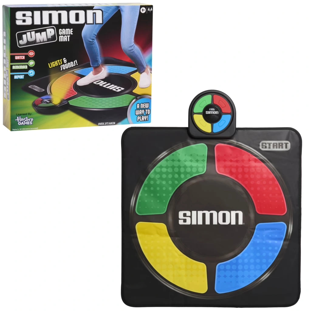 Hasbro Simon Jump Game Mat shown beside its retail packaging