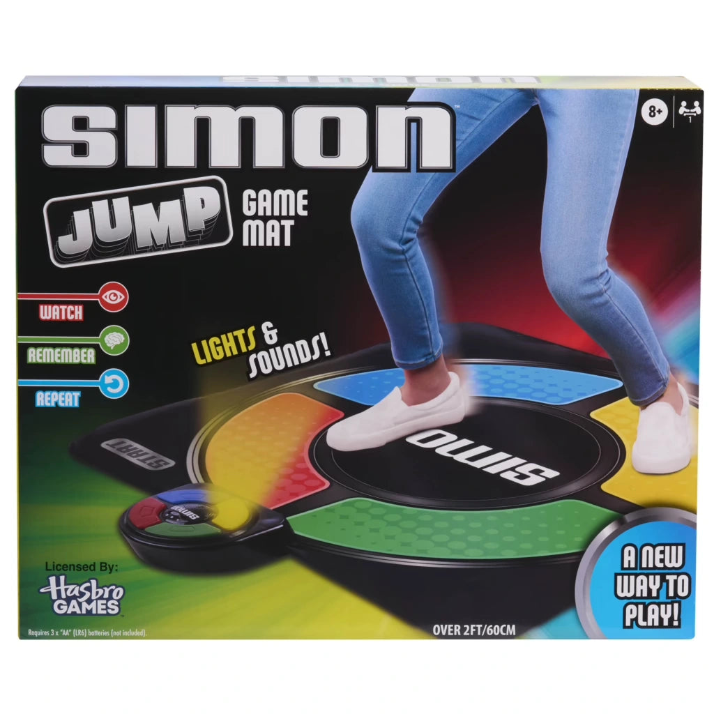 Hasbro Simon Jump Game Mat retail box showing the four colour mat and electronic Simon unit