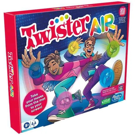 Front of Hasbro Twister Air game box showing players and colour bands – Ireland
