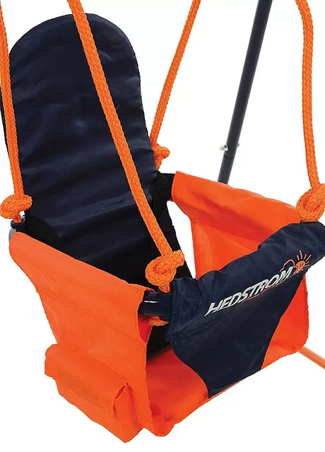 Angled view of the Hedstrom toddler swing seat with orange ropes and side panels