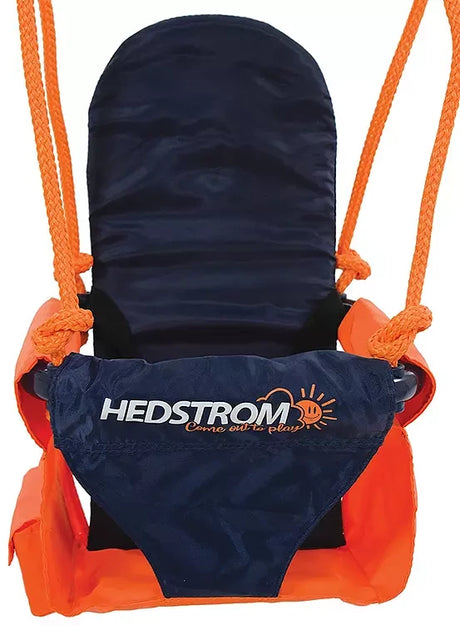 Front view of the Hedstrom toddler swing seat with orange ropes and a high back support