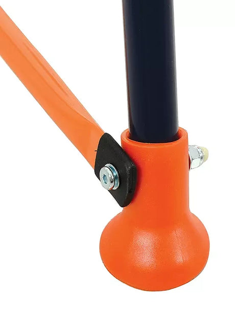 Close up of the orange foot cap and frame connection on the Hedstrom toddler swing