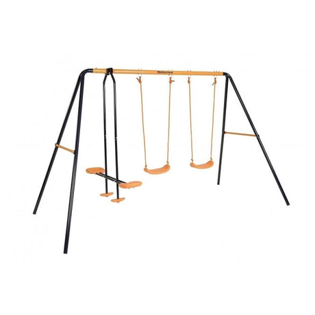 Hedstrom Neptune swing set with two swings and a two seat glider on a metal frame