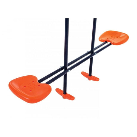 Close up of the orange two seat glider on the Hedstrom Neptune swing set