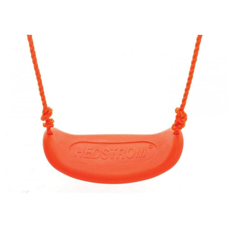 Close up of the orange swing seat with ropes on the Hedstrom Neptune swing set