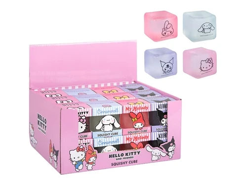 Hello Kitty & Friends Squishy Cubes retail display box with four assorted character designs