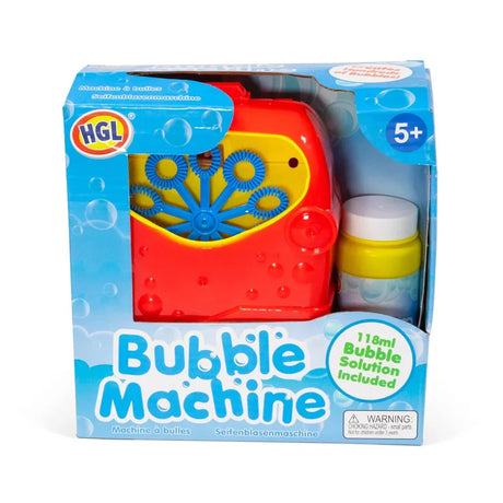 HGL Bubble Machine in retail box showing the red machine with blue bubble wand wheel, 118ml bubble solution bottle included, age 5 plus