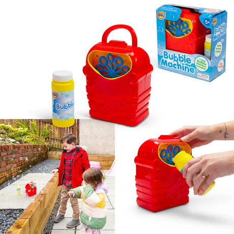 HGL Bubble Machine shown out of box alongside the 118ml bubble solution bottle, packaging and a close-up of the solution being loaded, with two children playing outdoors in the background