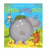Front cover of Hippobottymus showing a large grey hippo surrounded by jungle animals, bubbles rising from the hippo, and colourful illustrated lettering on a blue background