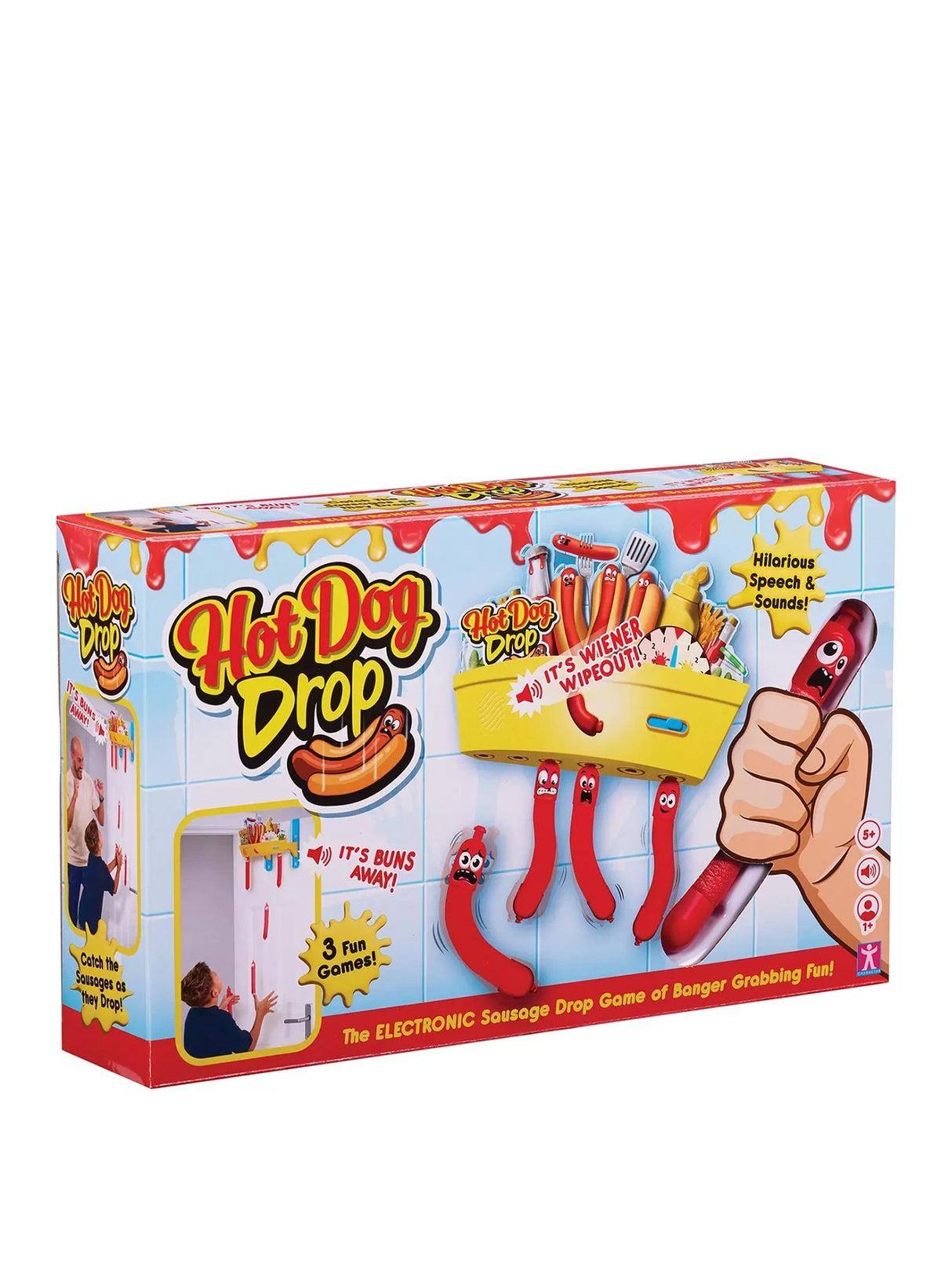 Hot Dog Drop game box with front packaging artwork and hand holding a red sausage baton