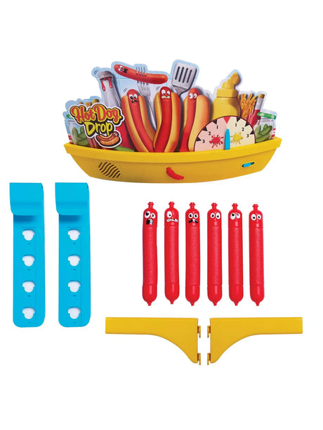 Hot Dog Drop game set with main unit, six sausage batons, two blue door hooks and two yellow support arms