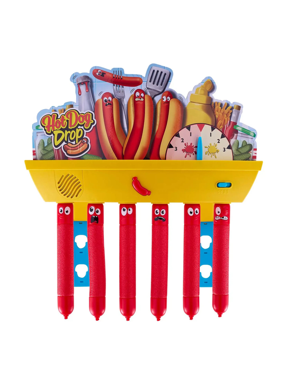 Hot Dog Drop electronic drop unit with six red sausage batons hanging beneath the yellow holder