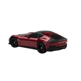 Hot Wheels Ferrari dark red sports car showing black rear window and black wheels