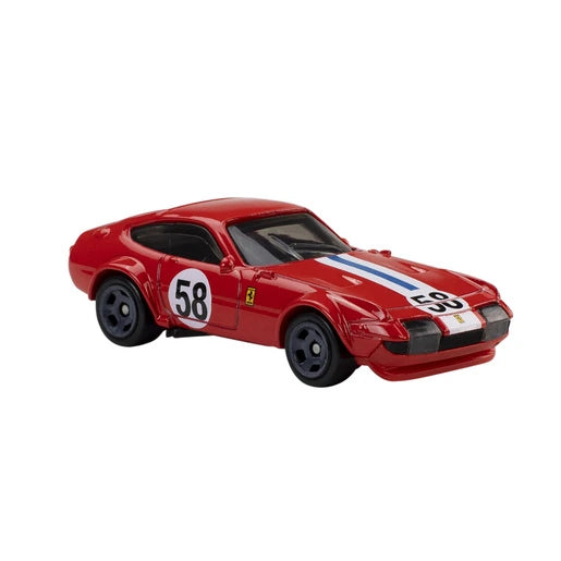 Hot Wheels Ferrari red number 58 race car with blue and white centre stripes