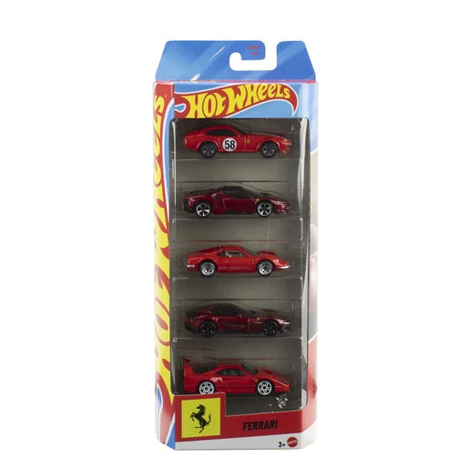 Hot Wheels Ferrari 5 Car Pack with five red Ferrari cars displayed in packaging