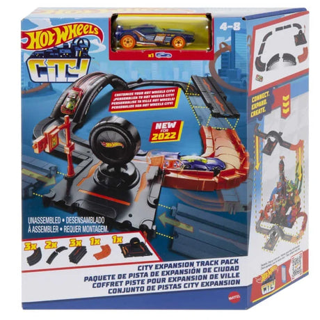 Hot Wheels City Expansion Track Pack box with illustrated setup and included car in Ireland.