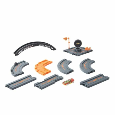 Hot Wheels City Expansion Track Pack pieces displayed, showing curves, straights, bridge, and vehicle in Ireland.