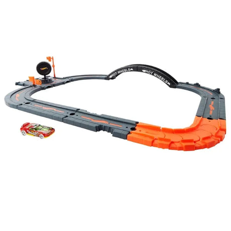 Hot Wheels City Expansion Track Pack assembled into racing circuit with car positioned for play in Ireland.