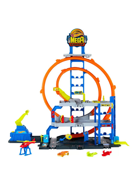 Hot Wheels City Mega Loop Garage playset with orange double loop and multilevel parking