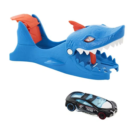 Hot Wheels City Nemesis Launcher Assortment showing blue shark launcher with black Hot Wheels car