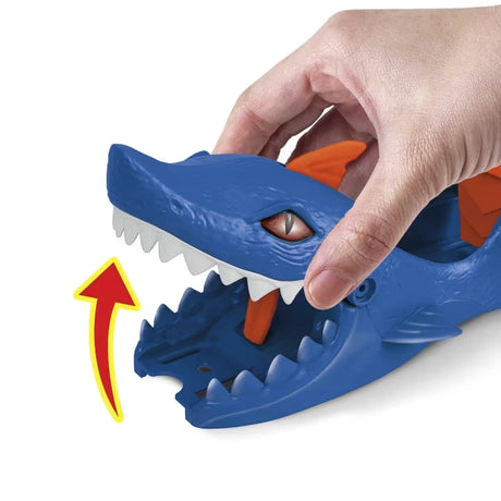 Hot Wheels City Nemesis Launcher Assortment close view showing blue shark launcher mouth being opened