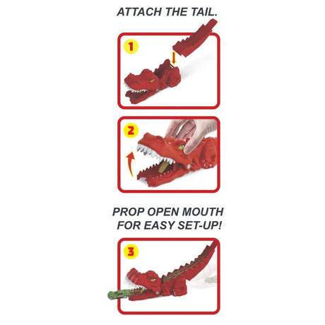 Hot Wheels City Nemesis Launcher Assortment setup diagram showing red launcher mouth and tail steps