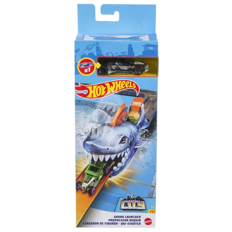 Hot Wheels City Nemesis Launcher Assortment retail box showing blue shark launcher design